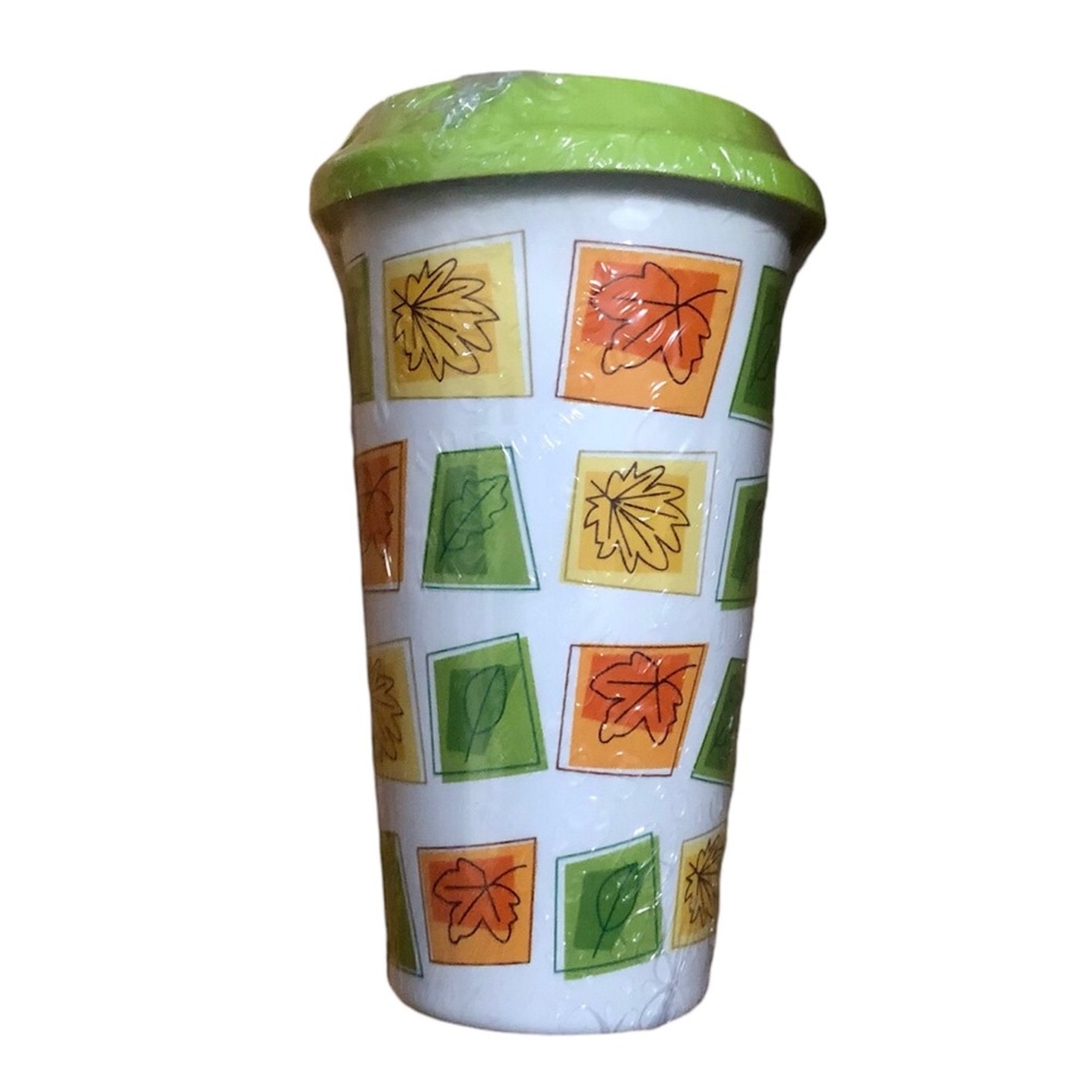 Ceramic hot travel tumbler with autumn leaves, 14 oz.